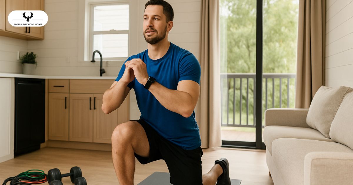 working out in a park model home with dumbbells and resistance bands
