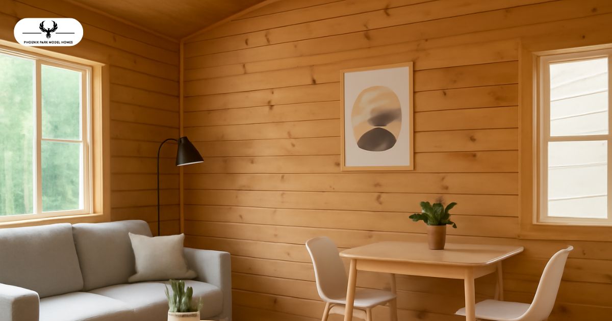 minimalist sleek looking park model with cosy sofa and a minial looking dining table